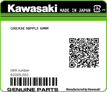 Product image: Kawasaki - 92005-001 - GREASE NIPPLE 6MM 