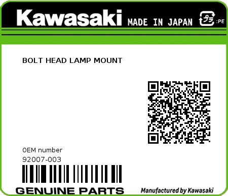 Product image: Kawasaki - 92007-003 - BOLT HEAD LAMP MOUNT 