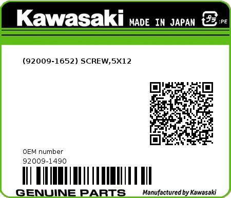 Product image: Kawasaki - 92009-1490 - (92009-1652) SCREW,5X12  0