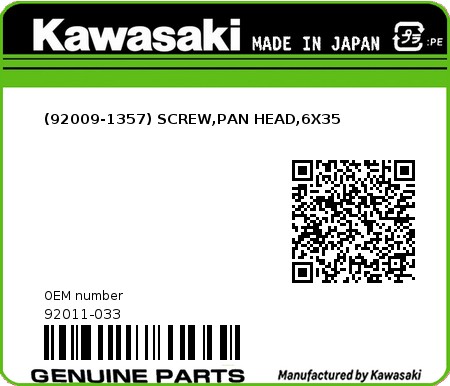Product image: Kawasaki - 92011-033 - (92009-1357) SCREW,PAN HEAD,6X35  0