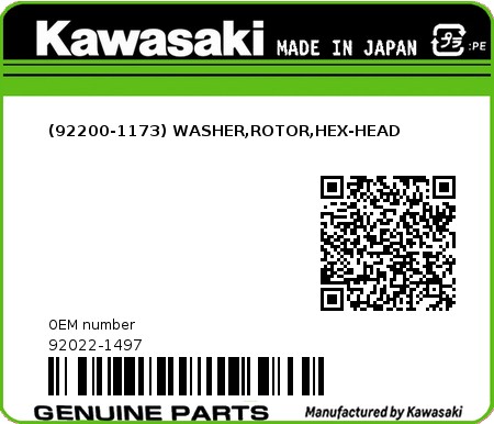 Product image: Kawasaki - 92022-1497 - (92200-1173) WASHER,ROTOR,HEX-HEAD  0