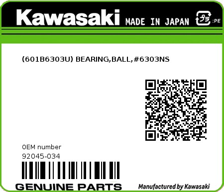 Product image: Kawasaki - 92045-034 - (601B6303U) BEARING,BALL,#6303NS  0