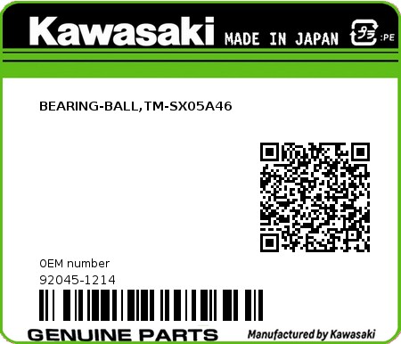 Product image: Kawasaki - 92045-1214 - BEARING-BALL,TM-SX05A46  0