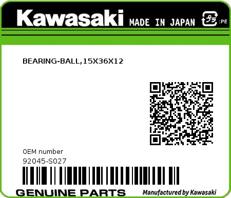 Product image: Kawasaki - 92045-S027 - BEARING-BALL,15X36X12  0