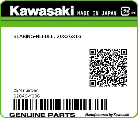 Product image: Kawasaki - 92046-Y006 - BEARING-NEEDLE, 20X26X16 