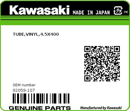 Product image: Kawasaki - 92059-107 - TUBE,VINYL,4.5X400  0
