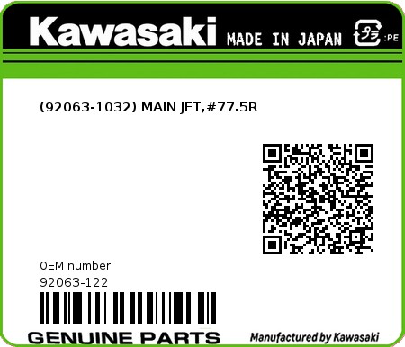 Product image: Kawasaki - 92063-122 - (92063-1032) MAIN JET,#77.5R 