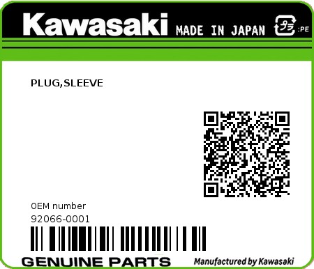 Product image: Kawasaki - 92066-0001 - PLUG,SLEEVE 