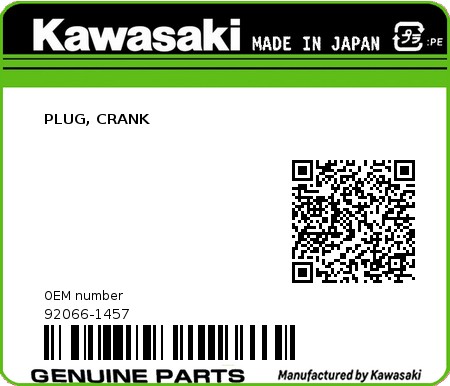 Product image: Kawasaki - 92066-1457 - PLUG, CRANK  0