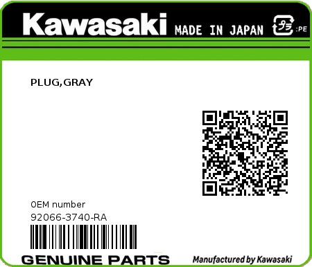 Product image: Kawasaki - 92066-3740-RA - PLUG,GRAY 