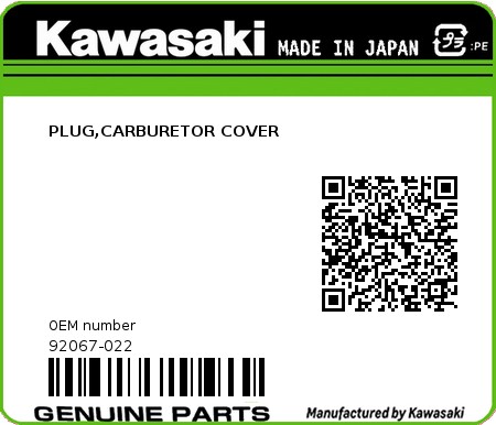 Product image: Kawasaki - 92067-022 - PLUG,CARBURETOR COVER  0