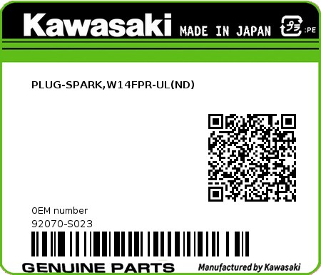 Product image: Kawasaki - 92070-S023 - PLUG-SPARK,W14FPR-UL(ND)  0
