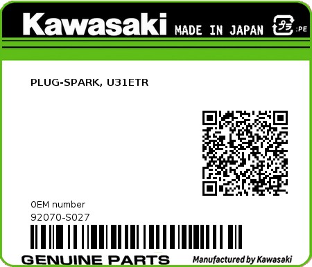 Product image: Kawasaki - 92070-S027 - PLUG-SPARK, U31ETR  0