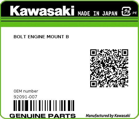 Product image: Kawasaki - 92091-007 - BOLT ENGINE MOUNT B  0