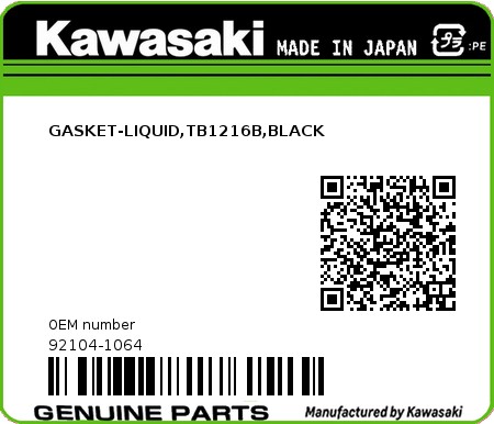 Product image: Kawasaki - 92104-1064 - GASKET-LIQUID,TB1216B,BLACK 