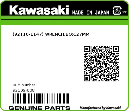 Product image: Kawasaki - 92109-008 - (92110-1147) WRENCH,BOX,27MM  0