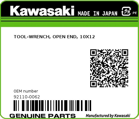 Product image: Kawasaki - 92110-0062 - TOOL-WRENCH, OPEN END, 10X12  0