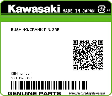 Product image: Kawasaki - 92139-S052 - BUSHING,CRANK PIN,GRE  0