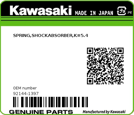 Product image: Kawasaki - 92144-1397 - SPRING,SHOCKABSORBER,K=5.4  0