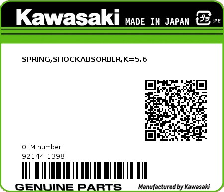 Product image: Kawasaki - 92144-1398 - SPRING,SHOCKABSORBER,K=5.6  0