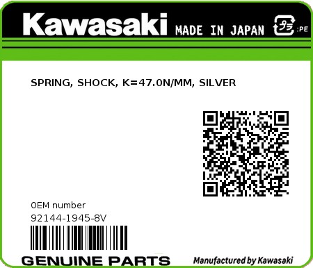 Product image: Kawasaki - 92144-1945-8V - SPRING, SHOCK, K=47.0N/MM, SILVER  0