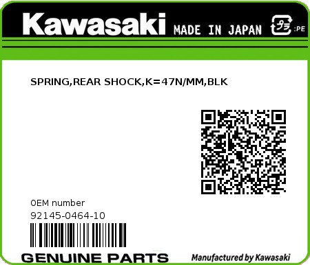 Product image: Kawasaki - 92145-0464-10 - SPRING,REAR SHOCK,K=47N/MM,BLK  0