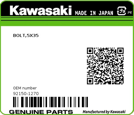 Product image: Kawasaki - 92150-1270 - BOLT,5X35  0