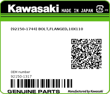 Product image: Kawasaki - 92150-1317 - (92150-1744) BOLT,FLANGED,10X110 