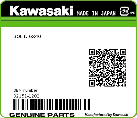 Product image: Kawasaki - 92151-1202 - BOLT, 6X40  0