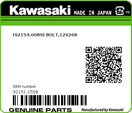 Product image: Kawasaki - 92151-1558 - (92154-0089) BOLT,12X268  0