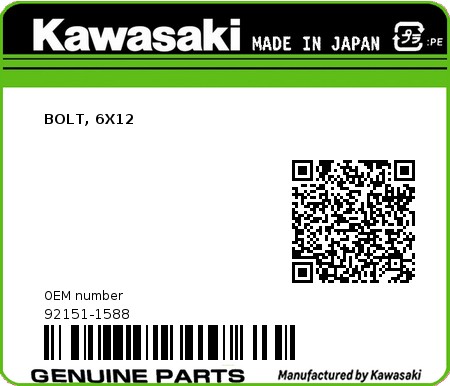 Product image: Kawasaki - 92151-1588 - BOLT, 6X12  0