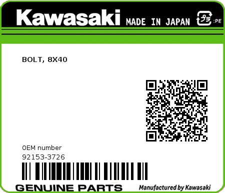 Product image: Kawasaki - 92153-3726 - BOLT, 8X40  0