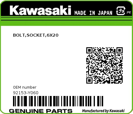 Product image: Kawasaki - 92153-Y060 - BOLT,SOCKET,6X20  0