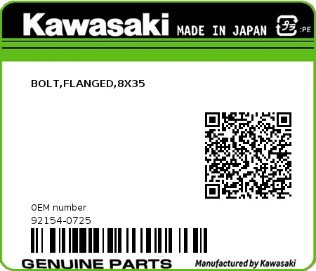 Product image: Kawasaki - 92154-0725 - BOLT,FLANGED,8X35  0