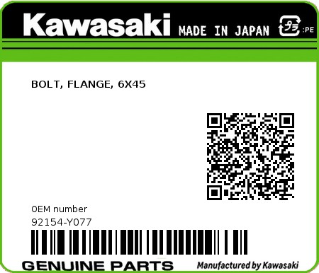 Product image: Kawasaki - 92154-Y077 - BOLT, FLANGE, 6X45  0