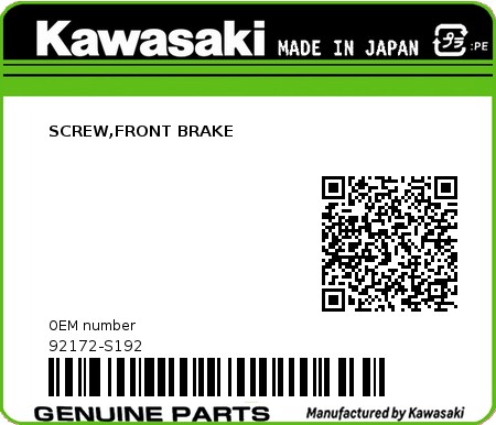 Product image: Kawasaki - 92172-S192 - SCREW,FRONT BRAKE 