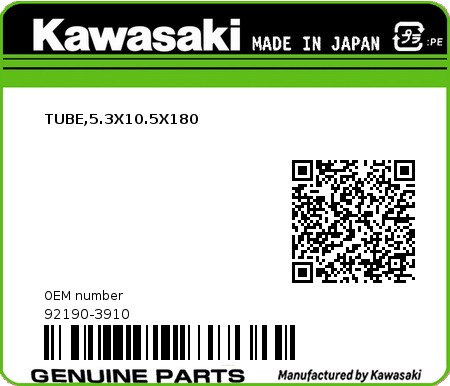 Product image: Kawasaki - 92190-3910 - TUBE,5.3X10.5X180  0
