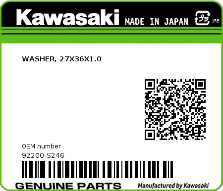Product image: Kawasaki - 92200-S246 - WASHER, 27X36X1.0  0