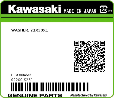 Product image: Kawasaki - 92200-S261 - WASHER, 22X30X1  0