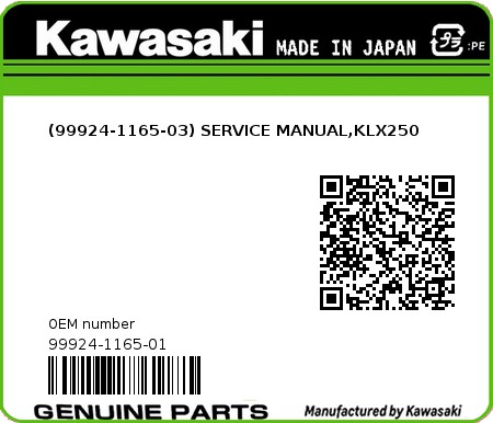 Product image: Kawasaki - 99924-1165-01 - (99924-1165-03) SERVICE MANUAL,KLX250  0