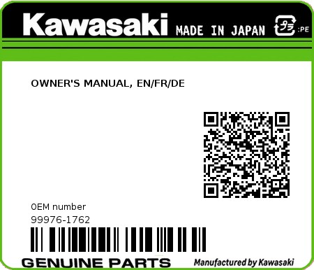 Product image: Kawasaki - 99976-1762 - OWNER'S MANUAL, EN/FR/DE  0