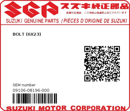 Product image: Suzuki - 09106-08196-000 - BOLT (6X23) 