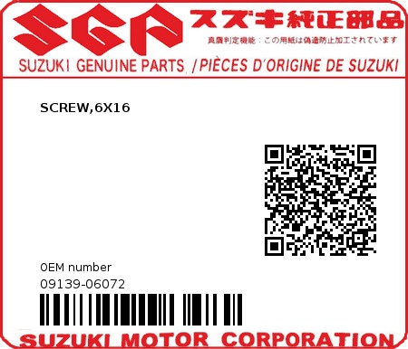 Product image: Suzuki - 09139-06072 - SCREW,6X16  0