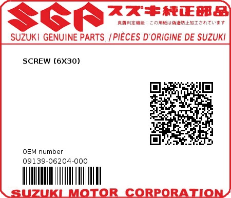 Product image: Suzuki - 09139-06204-000 - SCREW (6X30) 