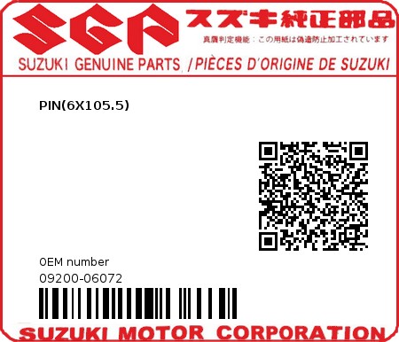 Product image: Suzuki - 09200-06072 - PIN(6X105.5)  0