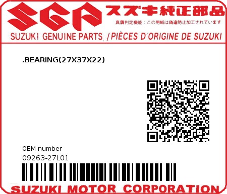 Product image: Suzuki - 09263-27L01 - .BEARING(27X37X22)  0