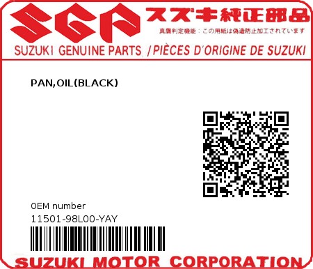 Product image: Suzuki - 11501-98L00-YAY - PAN,OIL(BLACK)  0