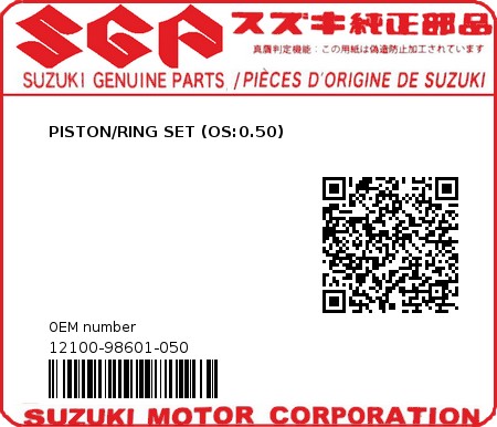 Product image: Suzuki - 12100-98601-050 - PISTON SET,OS0.  0