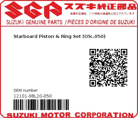 Product image: Suzuki - 12101-98L20-050 - Starboard Piston & Ring Set (OS:.050) 