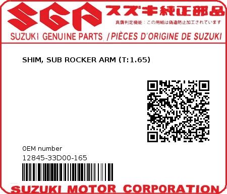 Product image: Suzuki - 12845-33D00-165 - SHIM, SUB ROCKER ARM (T:1.65)  0